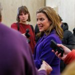 Secretary of State Jocelyn Benson speaks to reporters after launching her campaign for governor in Lansing, Mich., on Jan. 22, 2025. (Photo by Andrew Roth/Michigan Advance)