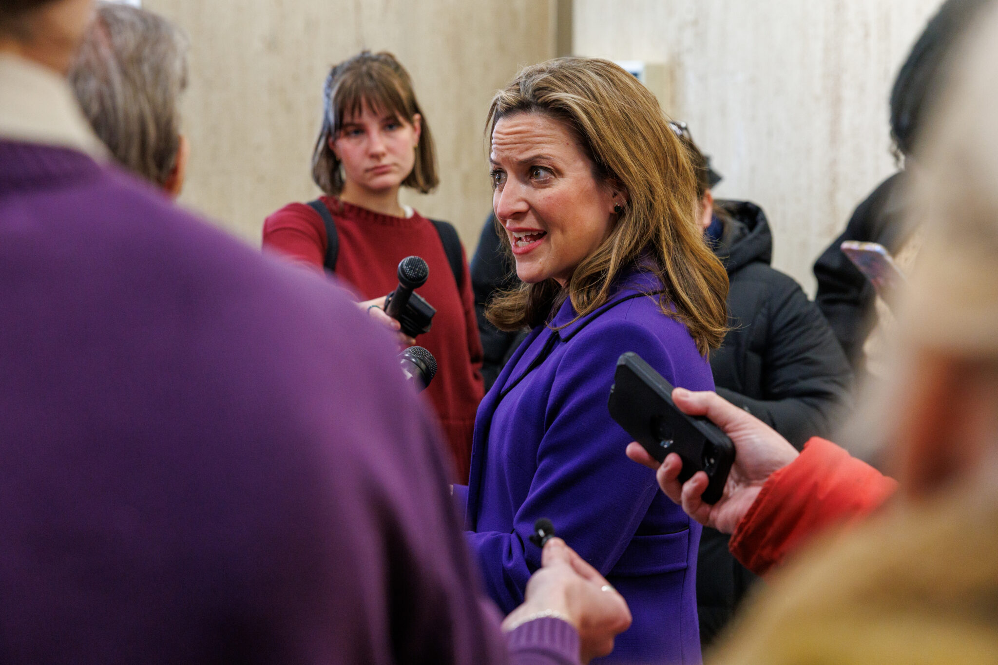 Secretary of State Jocelyn Benson speaks to reporters after launching her campaign for governor in Lansing, Mich., on Jan. 22, 2025. (Photo by Andrew Roth/Michigan Advance)