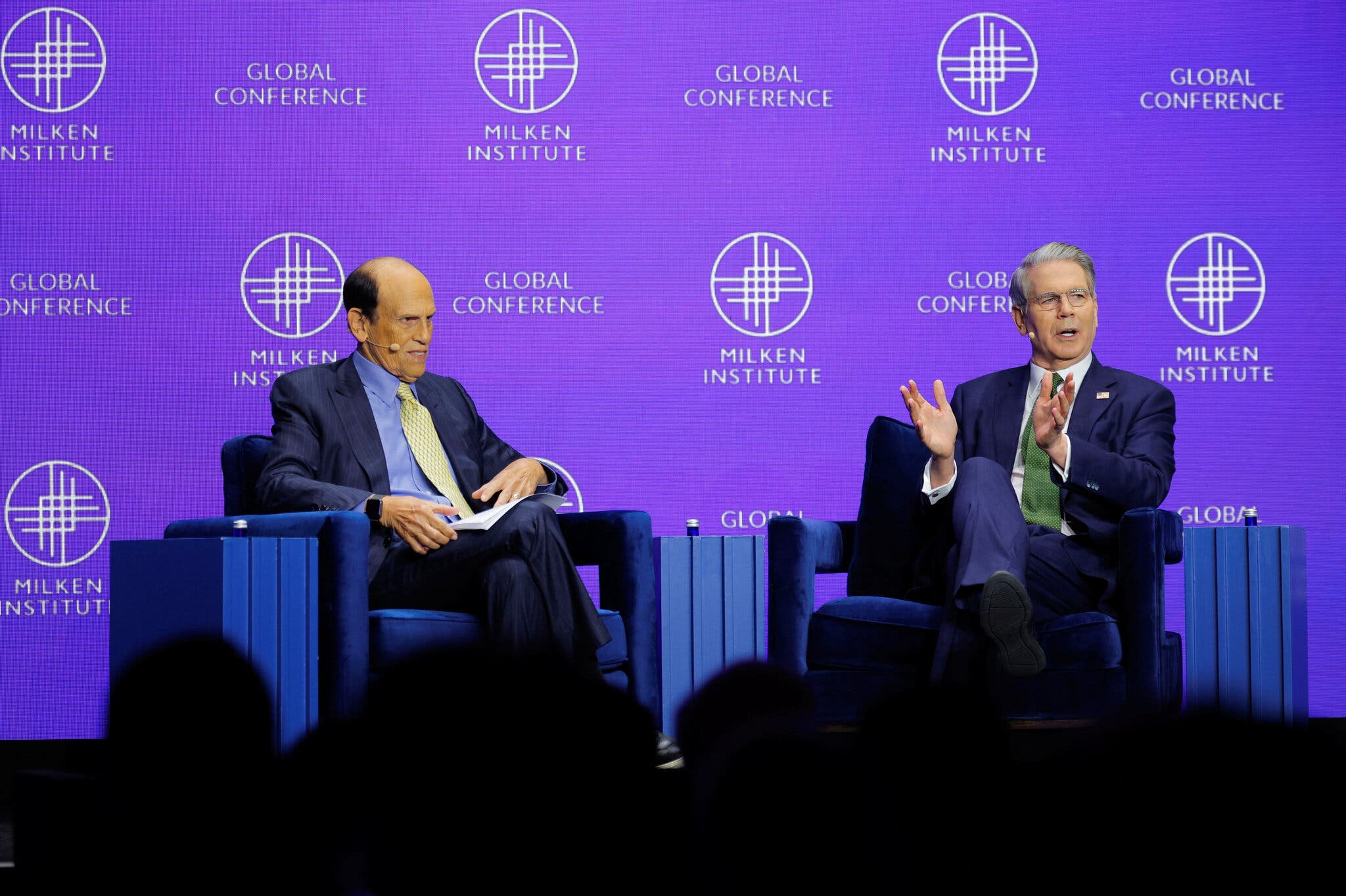 Treasury Secretary Scott Bessent, right, with Michael Milken this week at the Milken Institute Global Conference, where Mr. Bessent sought to allay financiers’ concerns.
