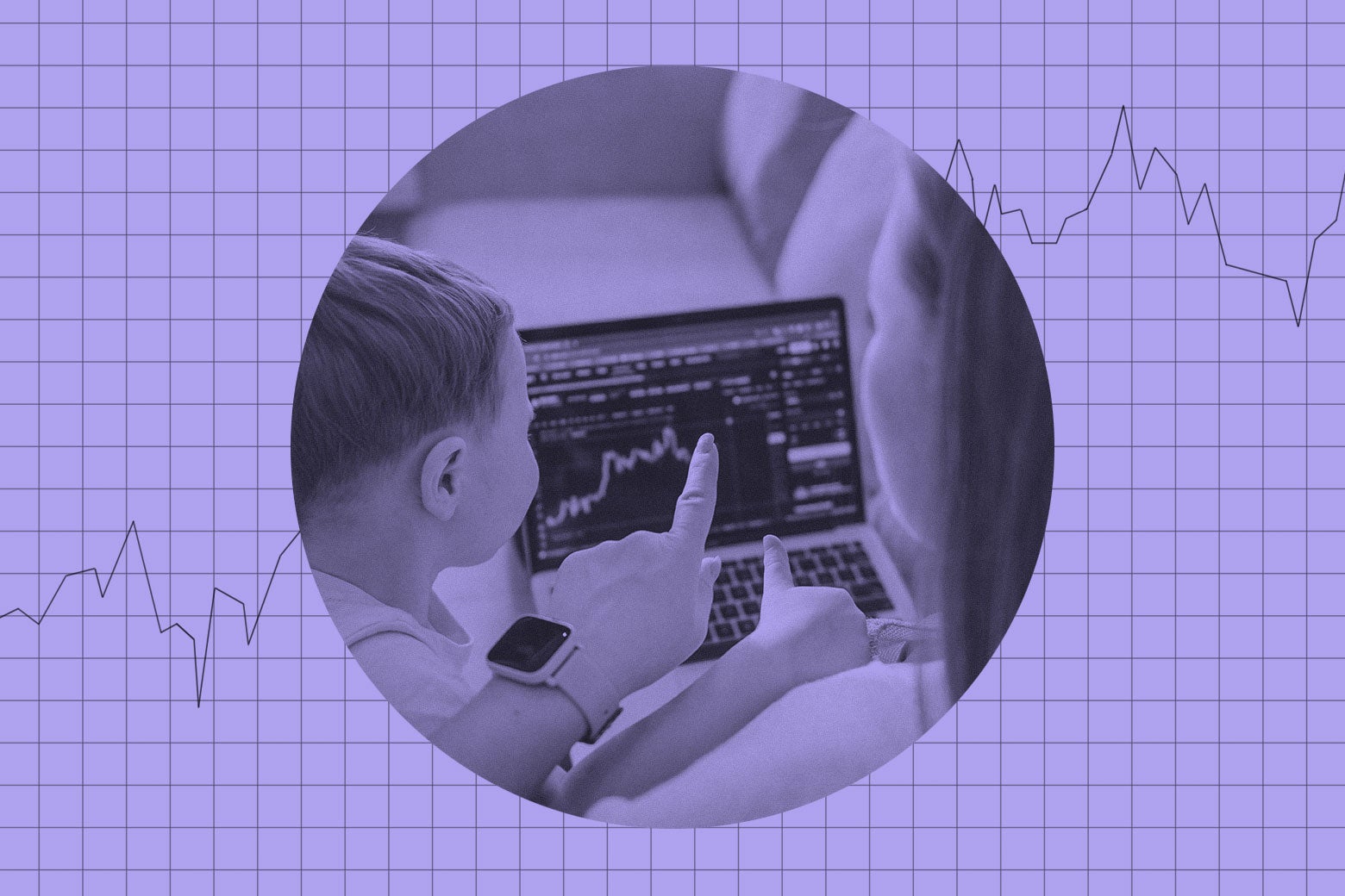 A woman and a small child are looking at a laptop screen, and the woman is pointing to a graph on the screen that is going up and to the right.