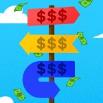 Directional signs with dollar signs and money falling around it