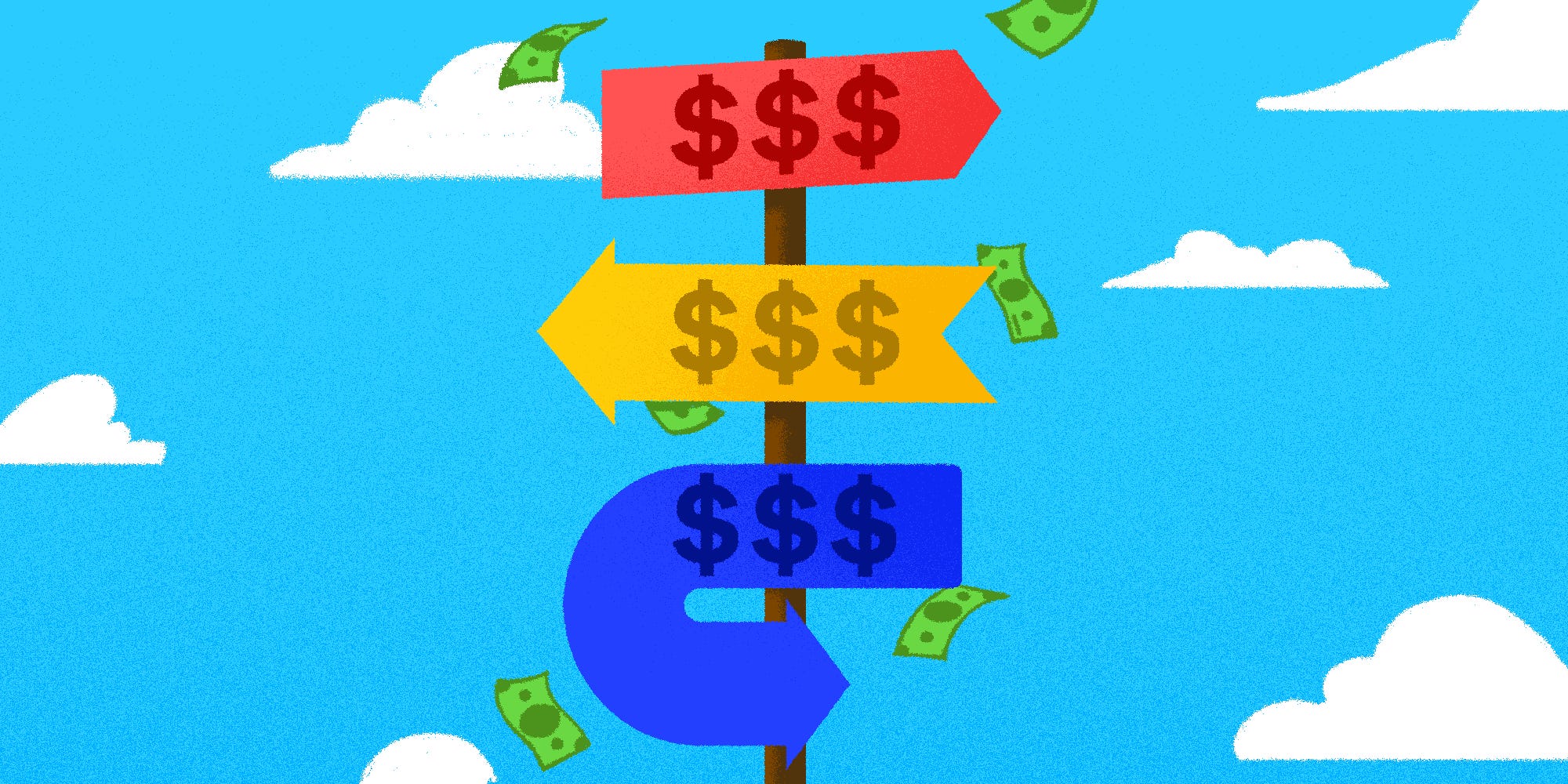 Directional signs with dollar signs and money falling around it