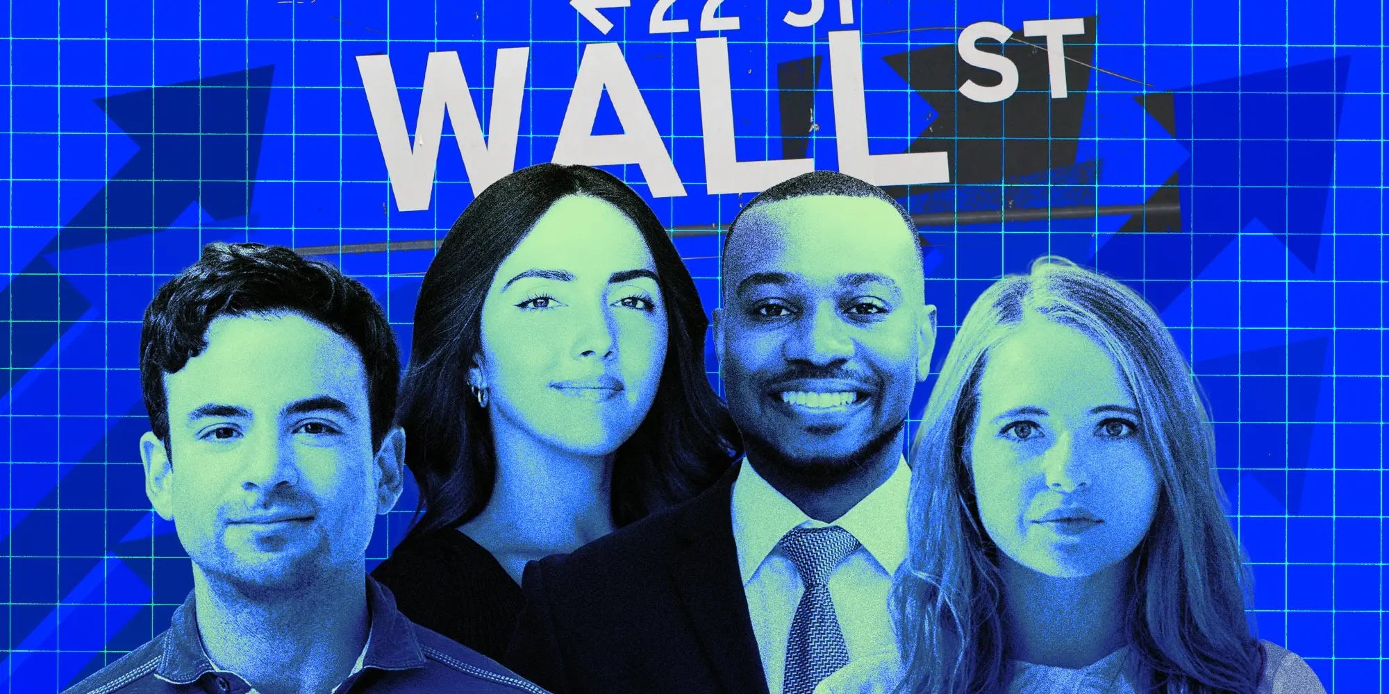 Some of our rising stars from 2024: Blake Cecil of Bridgewater, RBC's Daniela Cardona, Bank of America banker Justin Elliott, and Man Group portfolio manager Nina Gnedin.