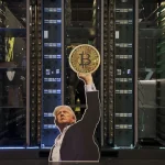 Trump Media & Technology, co-founded by President Trump, plans to offer several crypto products. A cutout of Trump holding a bitcoin at an event earlier this year.