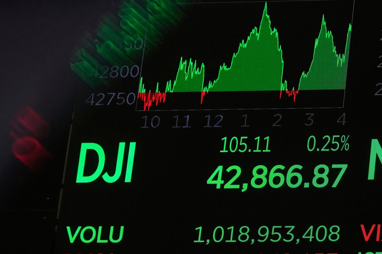 A board above the New York Stock Exchange trading floor displays the closing number for the Dow Jones industrial average, June 10, 2025.