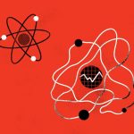 Illustration of some atoms, one has wavy lines for the electrons and a graph line in the nucleus