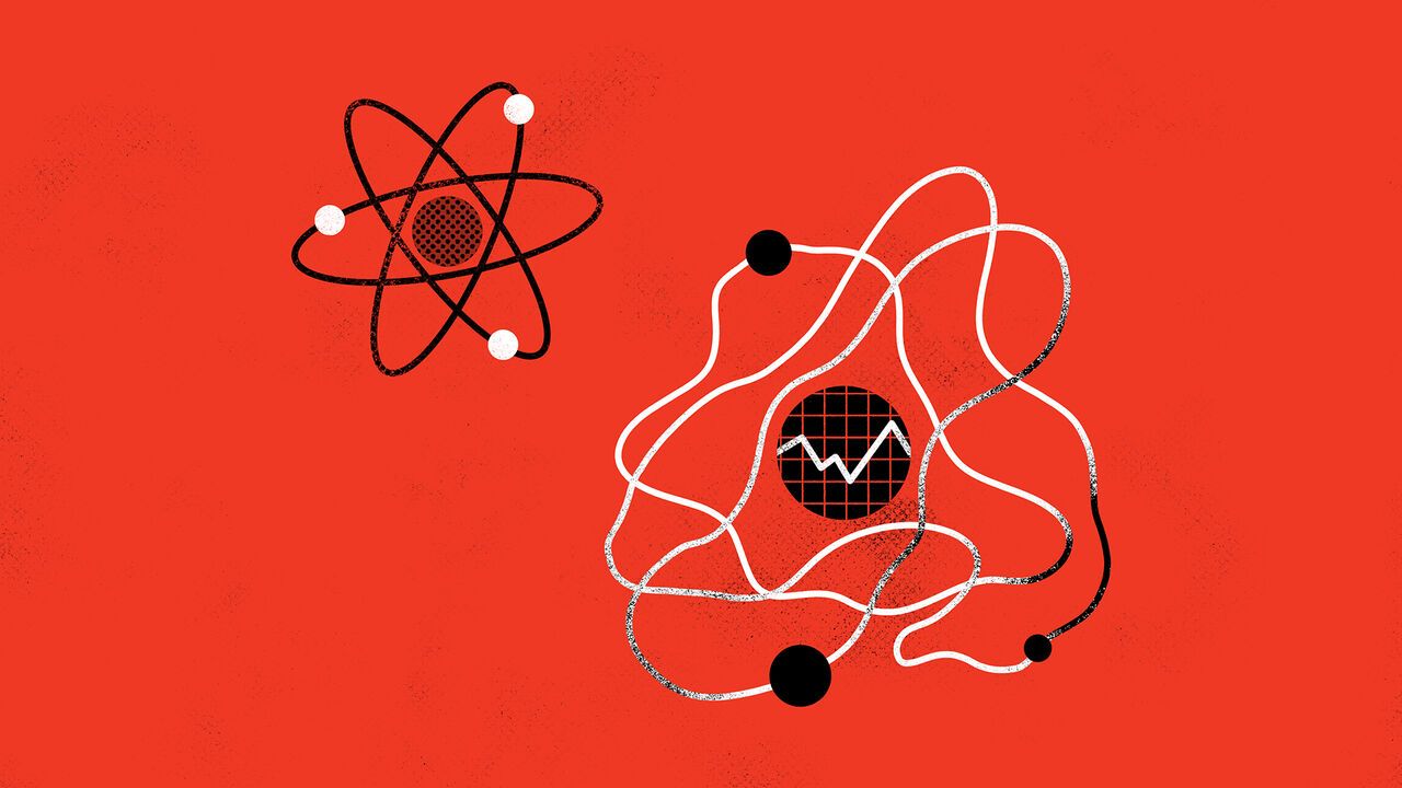 Illustration of some atoms, one has wavy lines for the electrons and a graph line in the nucleus